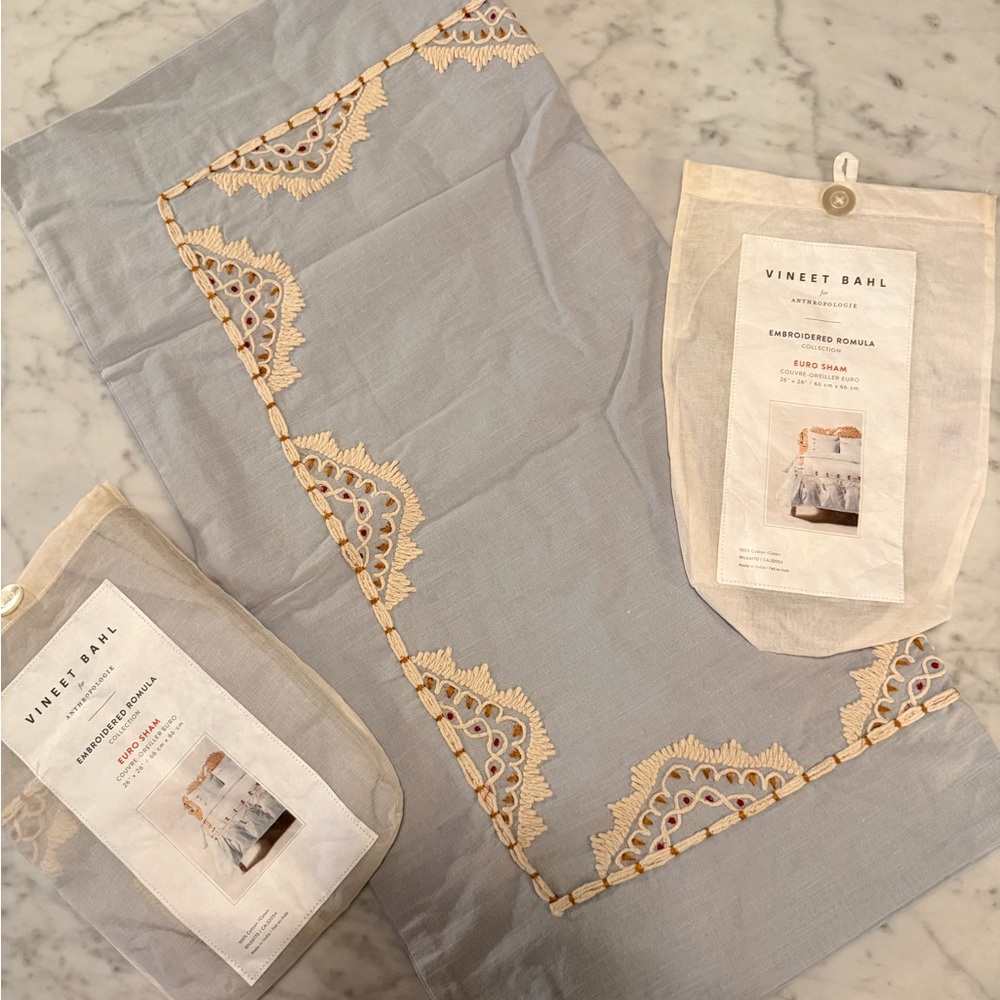 Pale Blue Embroidered SET OF TWO Euro Pillow Shams